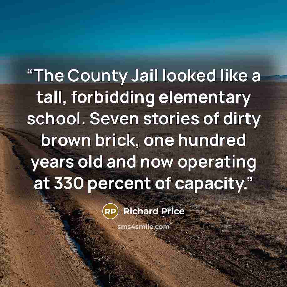 “The County Jail looked like a tall, forbidding elementary school. Seven stories of dirty brown brick, one hundred years old and now operating at 330 percent of capacity.” quote by Richard Price