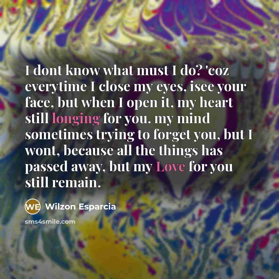 “I dont know what must I do? 'coz everytime I close my eyes, isee your face, but when I open it, my heart still longing for you. my mind sometimes trying to forget you, but I wont, because all the things has passed away, but my Love for you still remain.” quote by Wilzon Esparcia