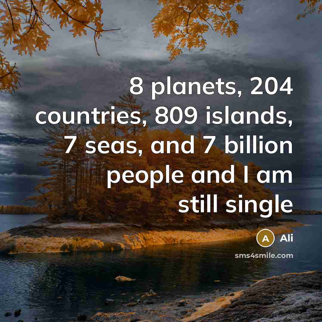 “8 planets, 204 countries, 809 islands, 7 seas, and 7 billion people and I am still single” quote by Ali