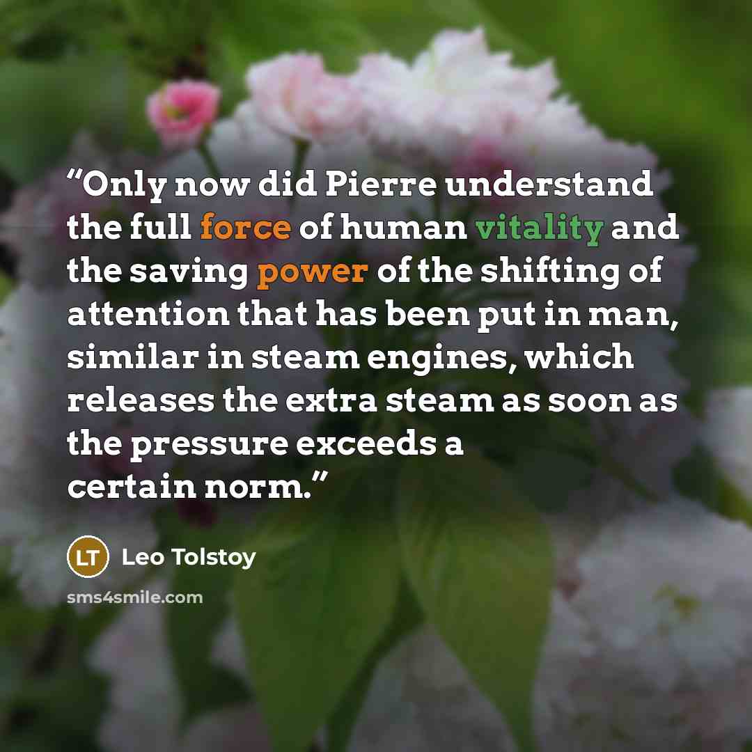 “Only now did Pierre understand the full force of human vitality and the saving power of the shifting of attention that has been put in man, similar in steam engines, which releases the extra steam as soon as the pressure exceeds a certain norm.” quote by Leo Tolstoy