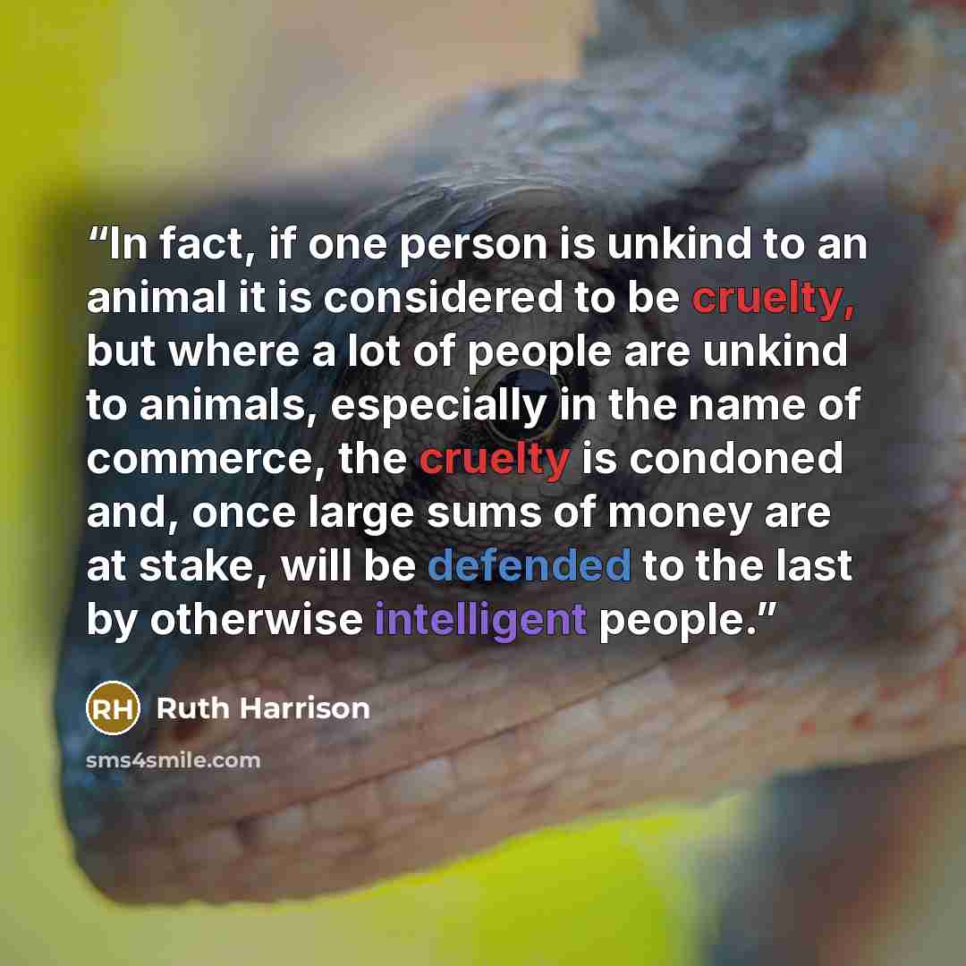 “In fact, if one person is unkind to an animal it is considered to be cruelty, but where a lot of people are unkind to animals, especially in the name of commerce, the cruelty is condoned and, once large sums of money are at stake, will be defended to the last by otherwise intelligent people.” quote by Ruth Harrison