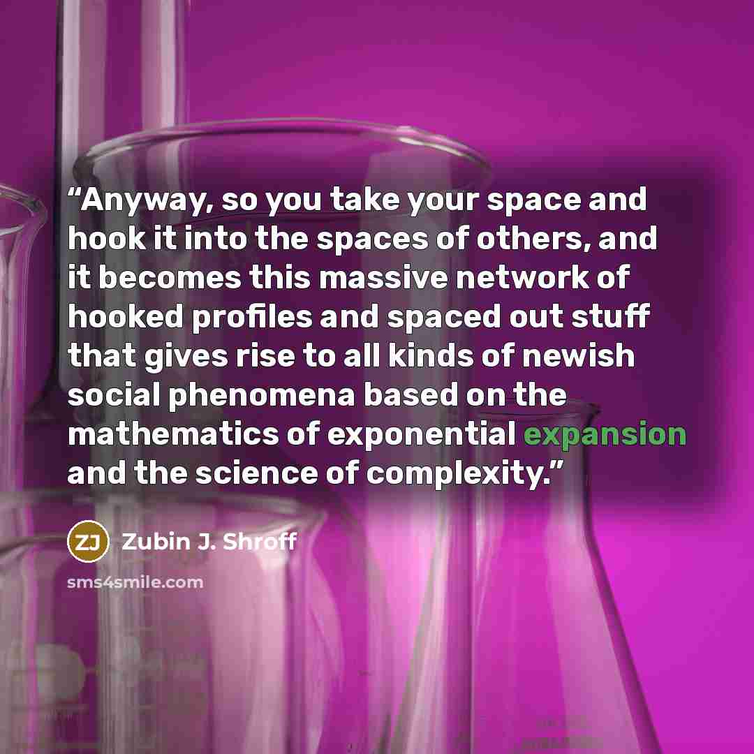 “Anyway, so you take your space and hook it into the spaces of others, and it becomes this massive network of hooked profiles and spaced out stuff that gives rise to all kinds of newish social phenomena based on the mathematics of exponential expansion and the science of complexity.” quote by Zubin J. Shroff