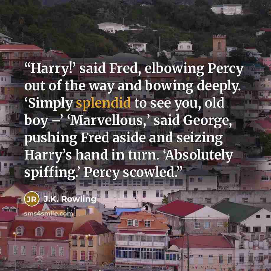 “Harry!’ said Fred, elbowing Percy out of the way and bowing deeply. ‘Simply splendid to see you, old boy –’ ‘Marvellous,’ said George, pushing Fred aside and seizing Harry’s hand in turn. ‘Absolutely spiffing.’ Percy scowled.” quote by J.K. Rowling