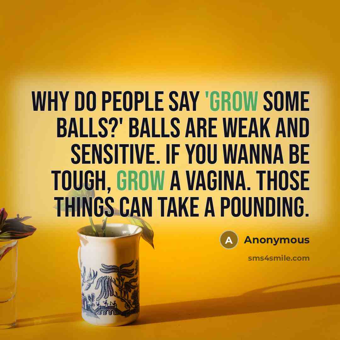 “Why do people say 'Grow some balls?' Balls are weak and sensitive. If you wanna be tough, grow a vagina. Those things can take a pounding.” quote by Anonymous