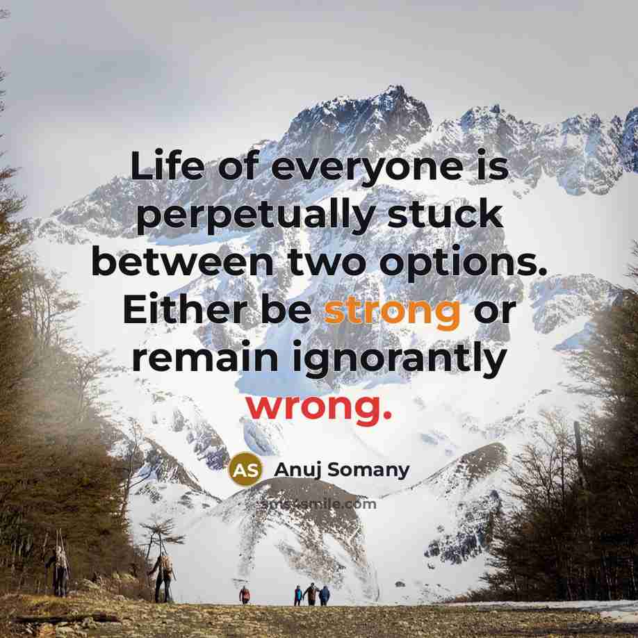 “Life of everyone is perpetually stuck between two options. Either be strong or remain ignorantly wrong.” quote by Anuj Somany