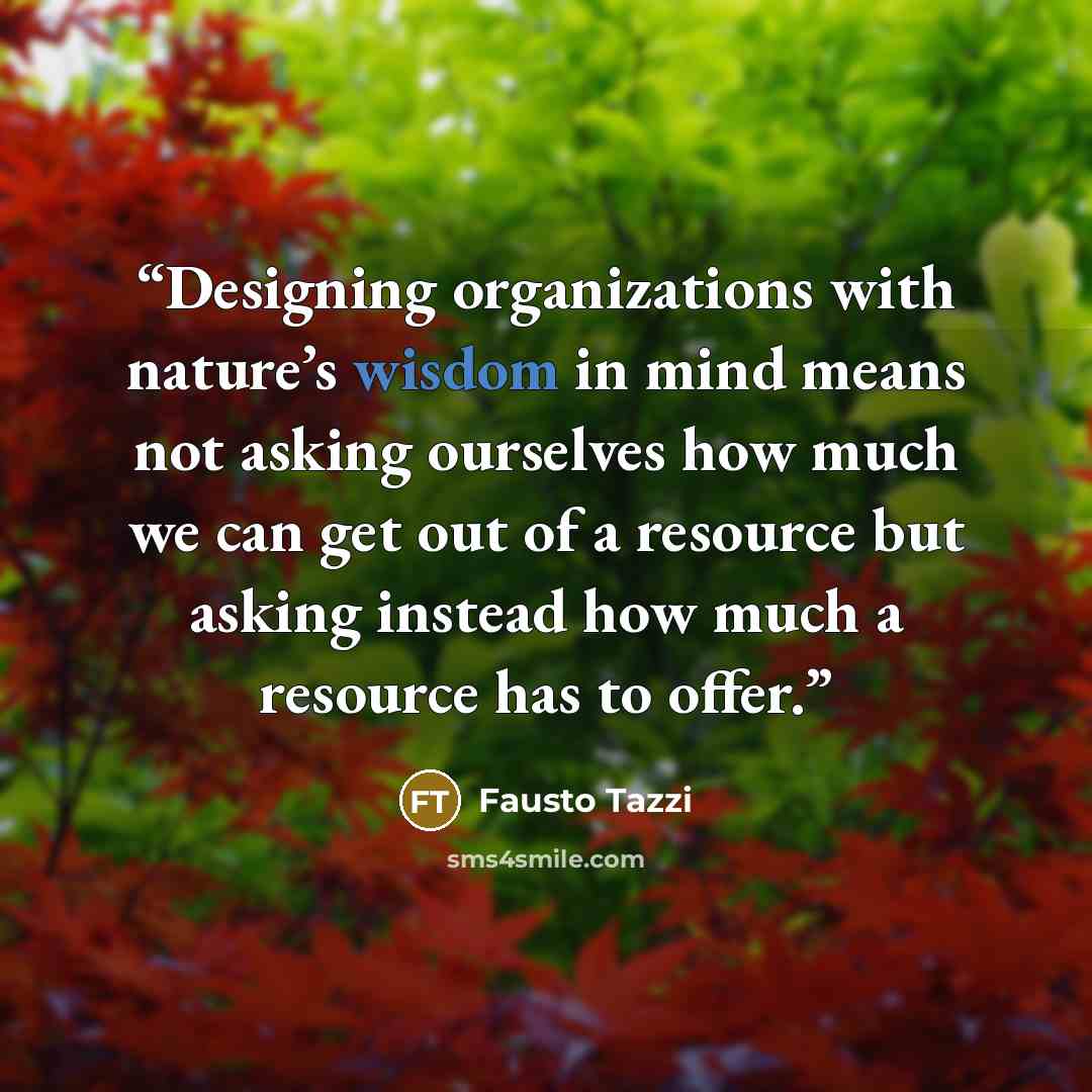“Designing organizations with nature’s wisdom in mind means not asking ourselves how much we can get out of a resource but asking instead how much a resource has to offer.” quote by Fausto Tazzi