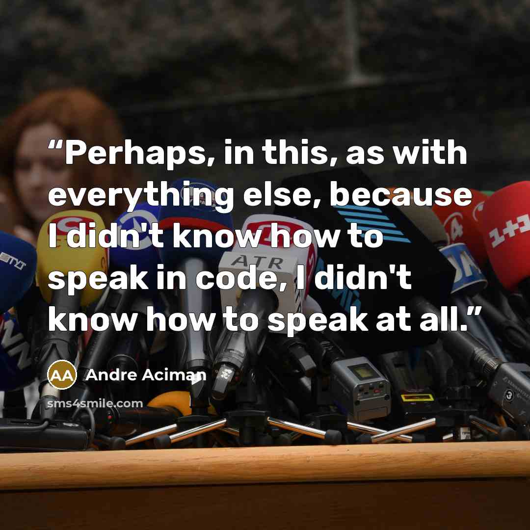 “Perhaps, in this, as with everything else, because I didn't know how to speak in code, I didn't know how to speak at all.” quote by André Aciman