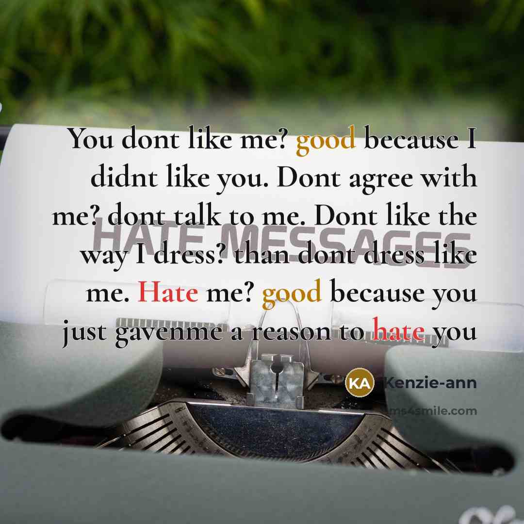“You dont like me? good because I didnt like you. Dont agree with me? dont talk to me. Dont like the way I dress? than dont dress like me. Hate me? good because you just gavenme a reason to hate you” quote by Kenzie-ann