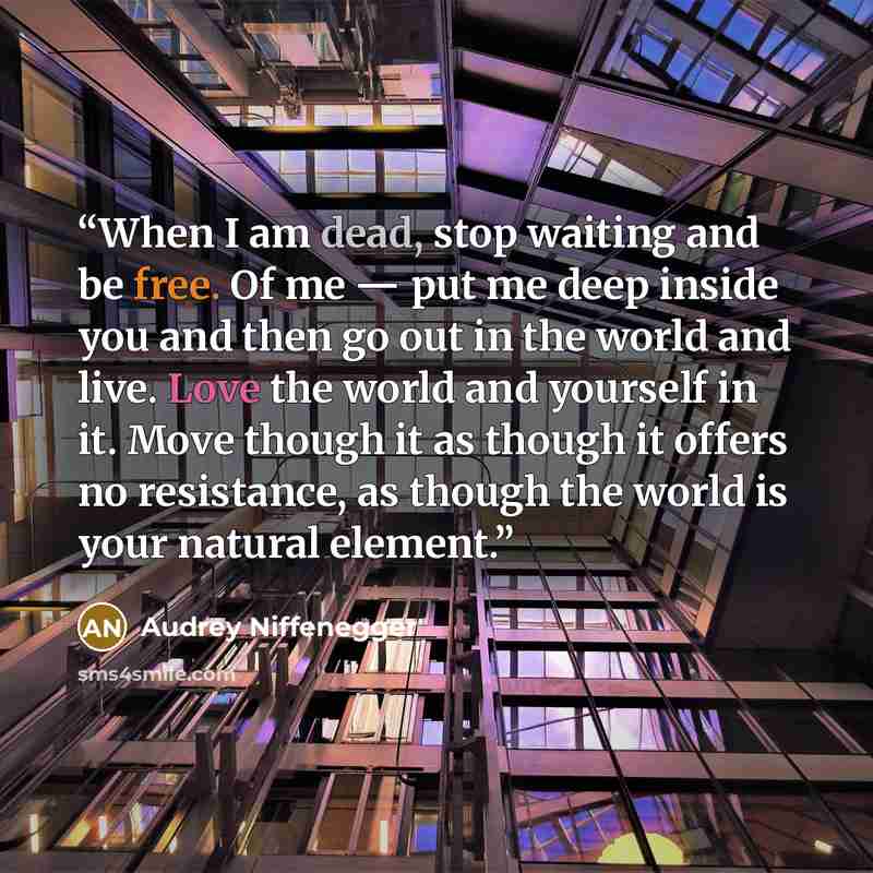 “When I am dead, stop waiting and be free. Of me — put me deep inside you and then go out in the world and live. Love the world and yourself in it. Move though it as though it offers no resistance, as though the world is your natural element.” quote by Audrey Niffenegger