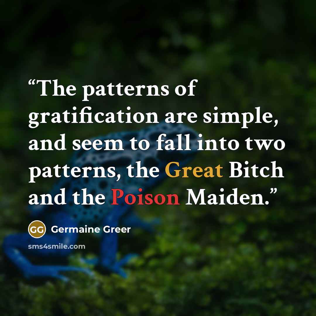 “The patterns of gratification are simple, and seem to fall into two patterns, the Great Bitch and the Poison Maiden.” quote by Germaine Greer