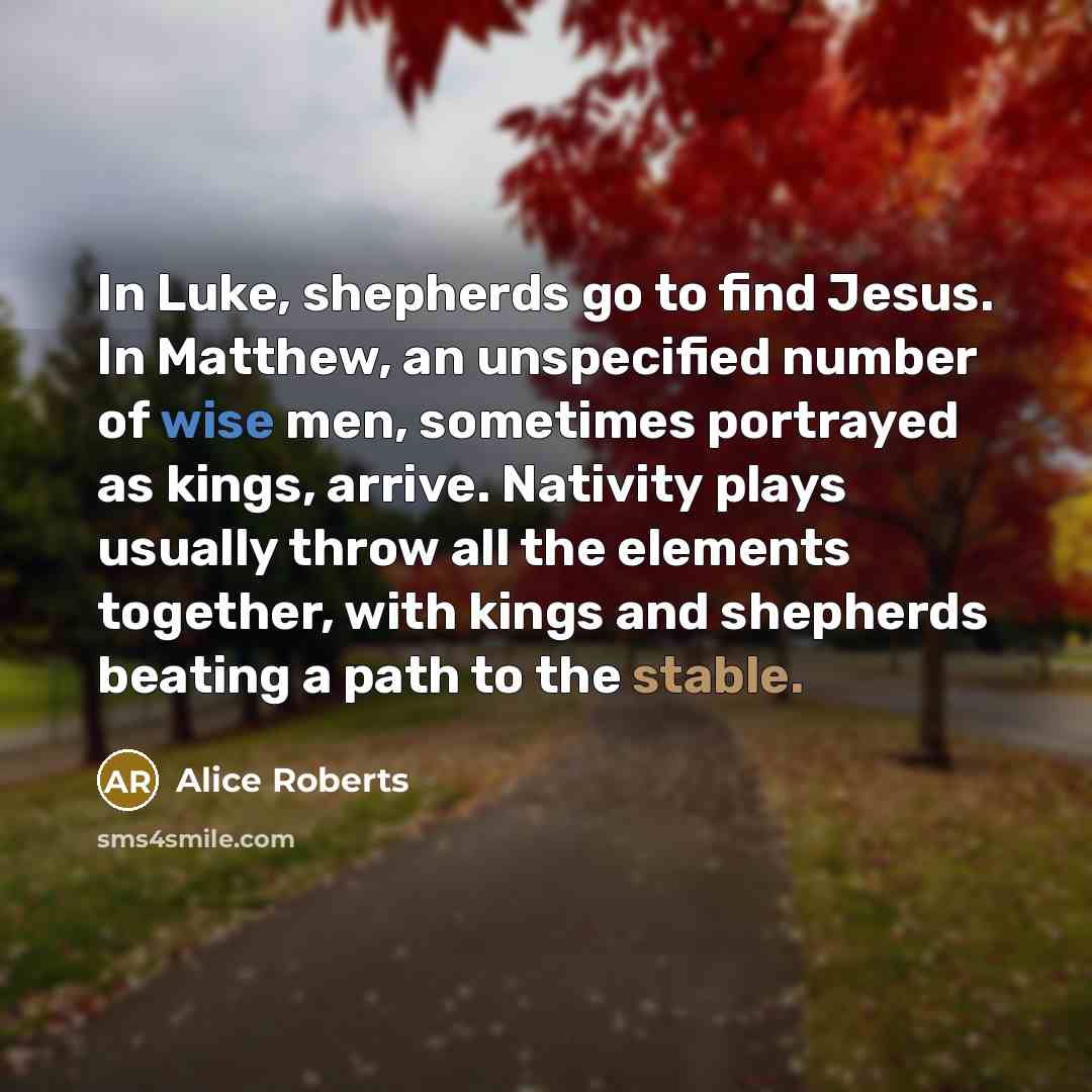 “In Luke, shepherds go to find Jesus. In Matthew, an unspecified number of wise men, sometimes portrayed as kings, arrive. Nativity plays usually throw all the elements together, with kings and shepherds beating a path to the stable.” quote by Alice Roberts
