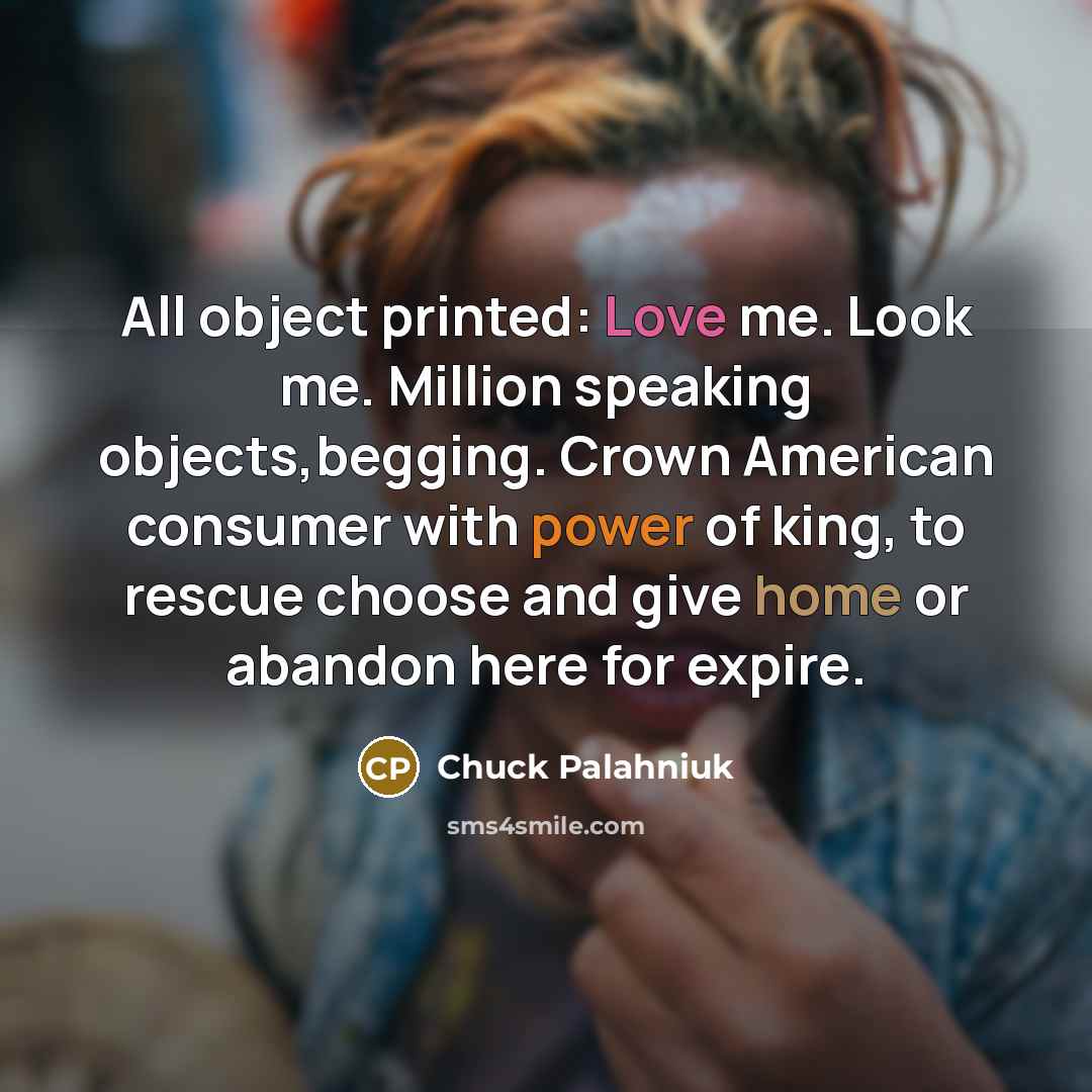 “All object printed: Love me. Look me. Million speaking objects,begging.…” quote by Chuck Palahniuk