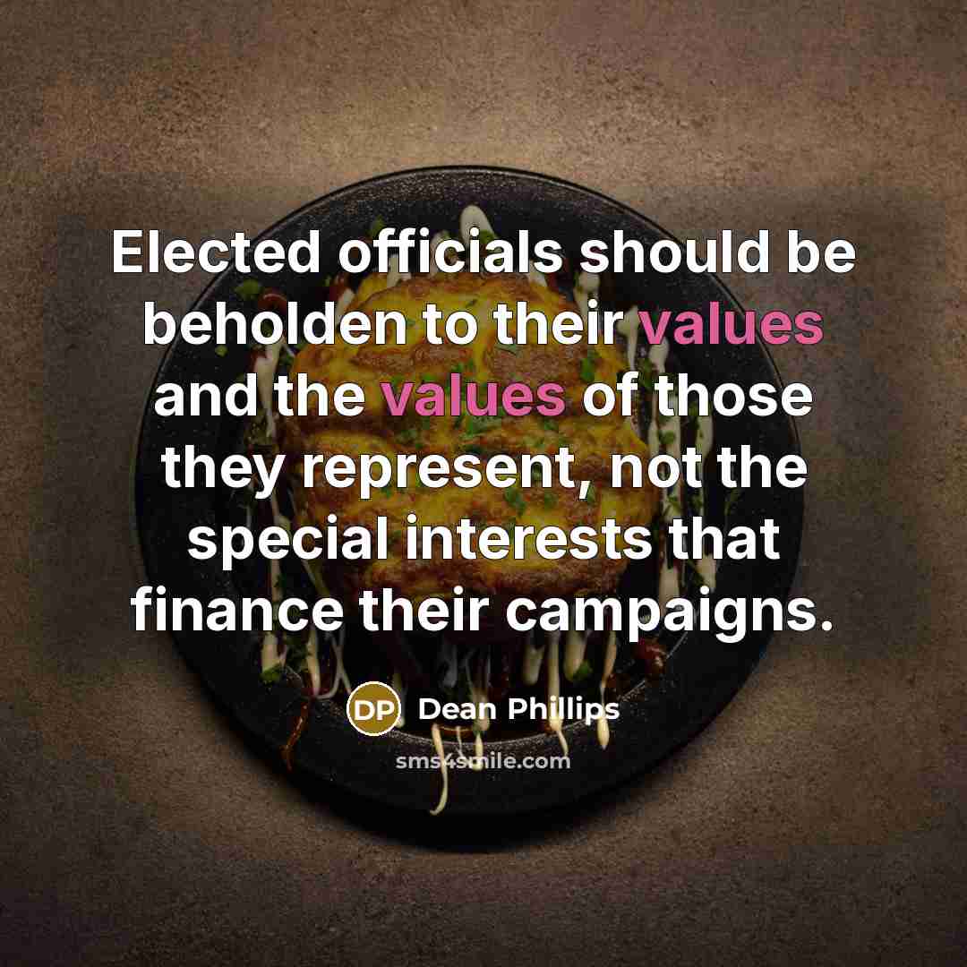 “Elected officials should be beholden to their values and the values of those they represent, not the special interests that finance their campaigns.” quote by Dean Phillips