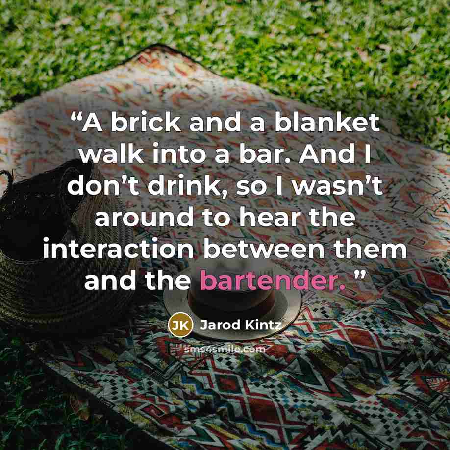 “A brick and a blanket walk into a bar. And I don’t drink, so I wasn’t around to hear the interaction between them and the bartender.” quote by Jarod Kintz