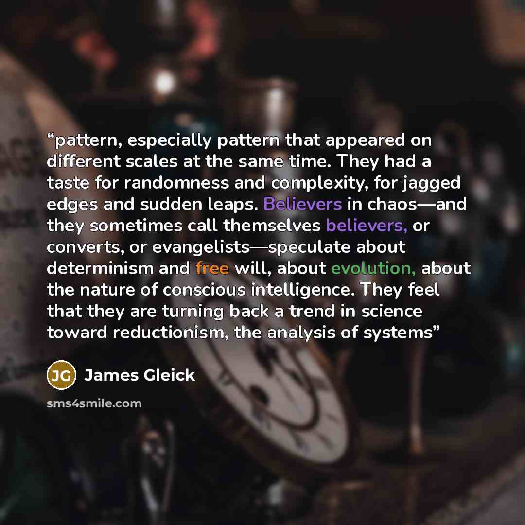 “pattern, especially pattern that appeared on different scales at the same time. They had a taste for randomness and complexity, for jagged edges and sudden leaps. Believers in chaos—and they sometimes call themselves believers, or converts, or evangelists—speculate about determinism and free will…” quote by James Gleick