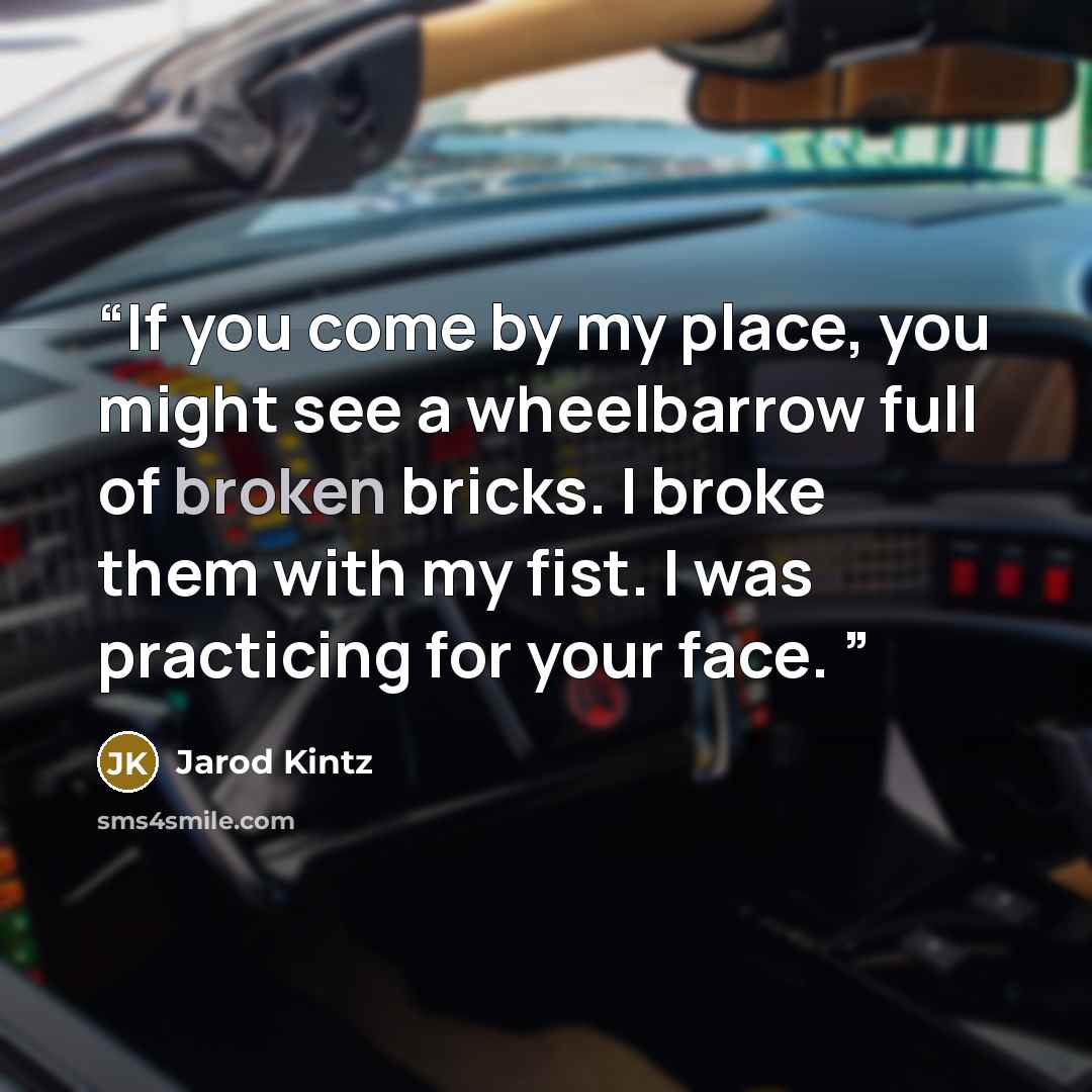 “If you come by my place, you might see a wheelbarrow full of broken bricks. I broke them with my fist. I was practicing for your face.” quote by Jarod Kintz