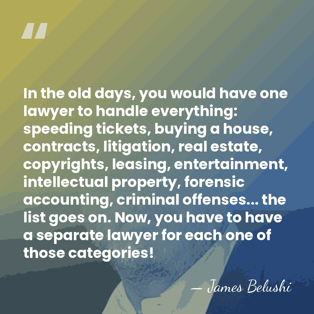 In the old days, you would have one lawyer to handle everything:&hellip; - James Belushi