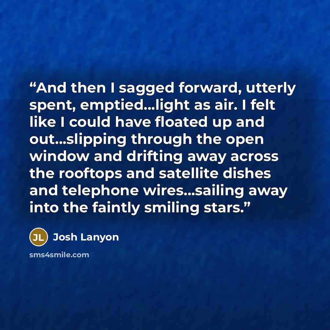 “And then I sagged forward, utterly spent, emptied…light as air. I felt like I could have floated up and out…slipping through the open window and drifting away across the rooftops and satellite dishes and telephone wires…sailing away into the faintly smiling stars.” quote by Josh Lanyon