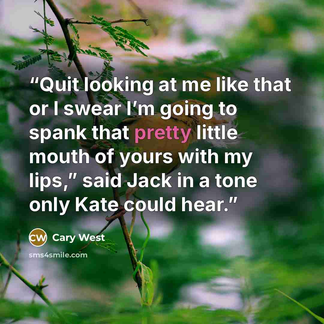 “Quit looking at me like that or I swear I’m going to spank that pretty little mouth of yours with my lips,” said Jack in a tone only Kate could hear.” quote by Cary West