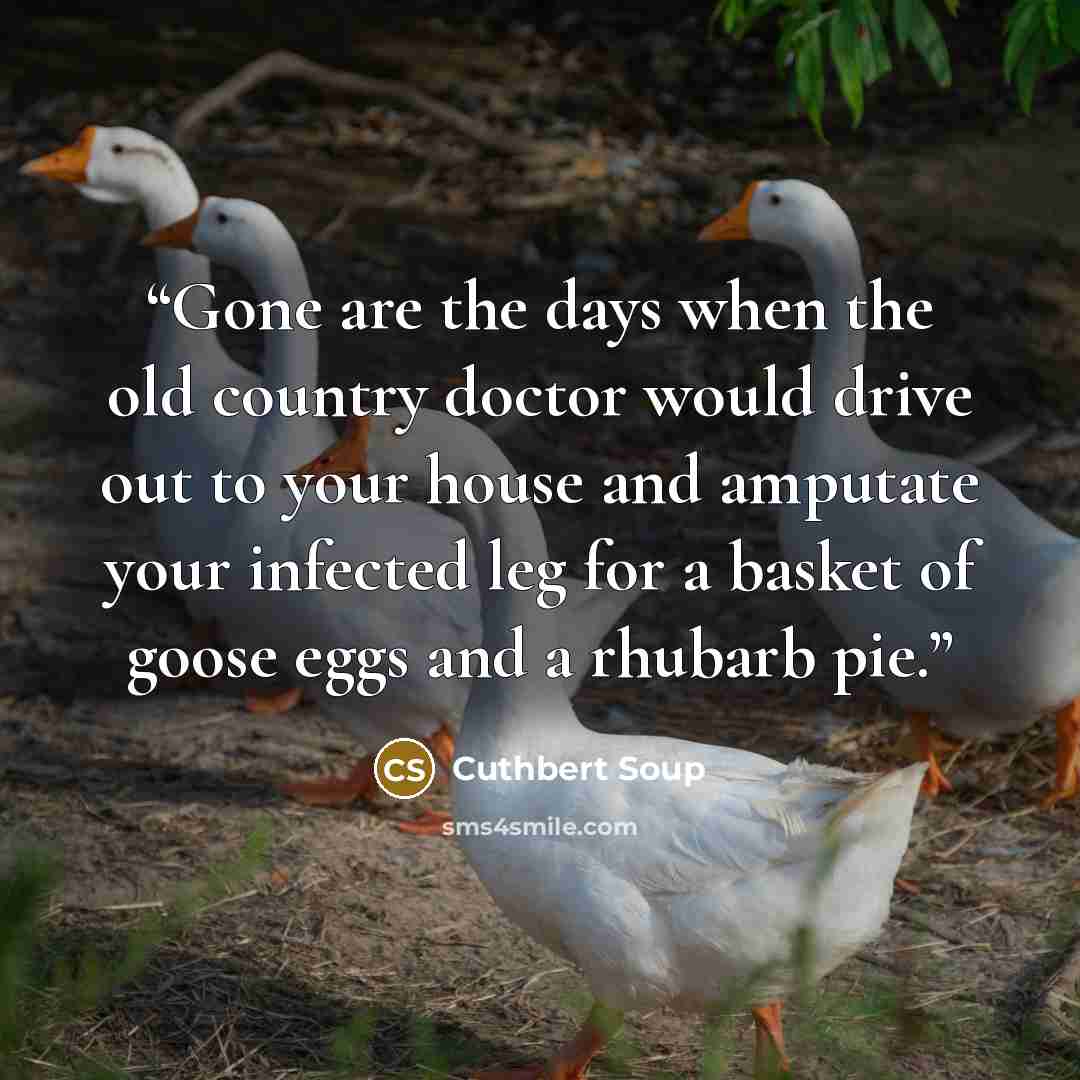 “Gone are the days when the old country doctor would drive out to your house and amputate your infected leg for a basket of goose eggs and a rhubarb pie.” quote by Cuthbert Soup