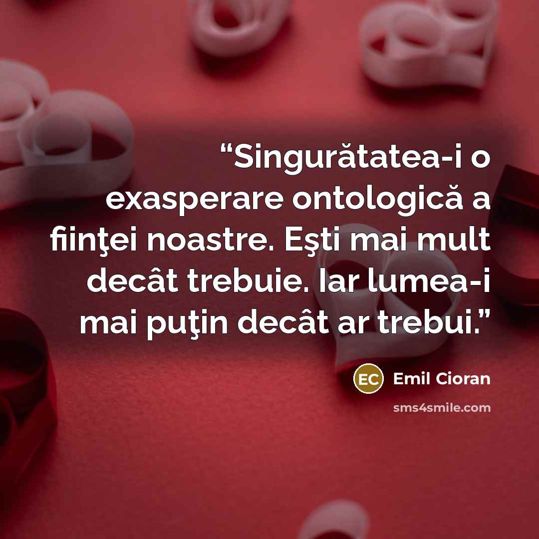 “Singurătatea-i o exasperare ontologică a fiinţei noastre. Eşti mai mult decât trebuie. Iar lumea-i mai puţin decât ar trebui.” quote by Emil Cioran