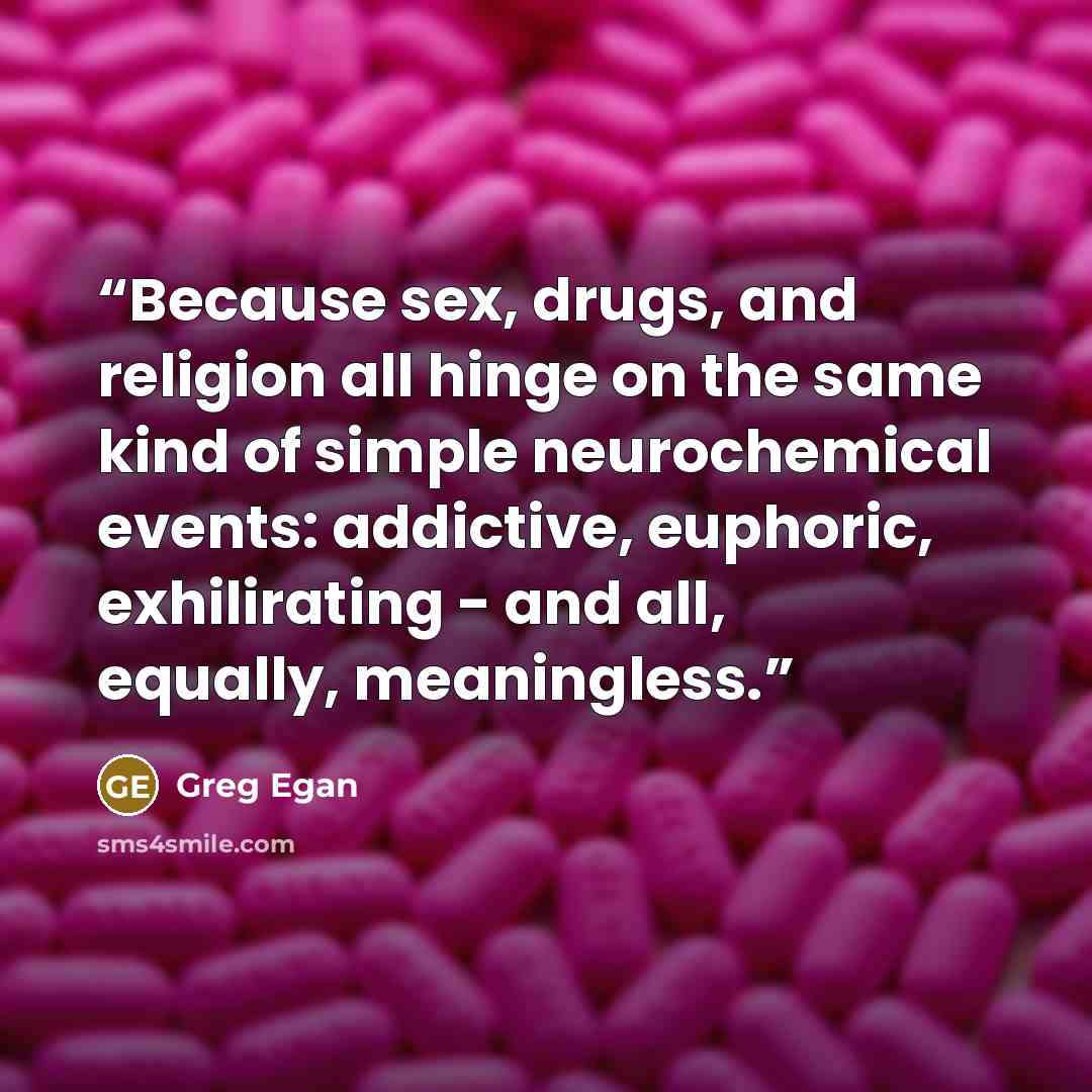 “Because sex, drugs, and religion all hinge on the same kind of simple neurochemical events: addictive, euphoric, exhilirating - and all, equally, meaningless.” quote by Greg Egan