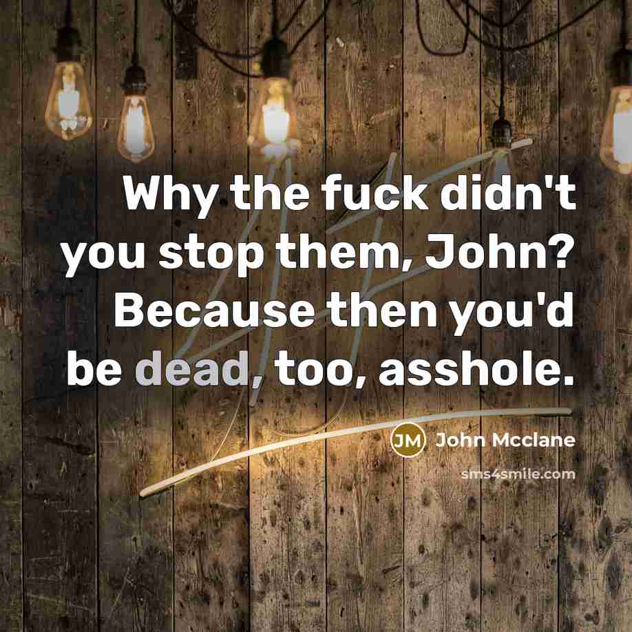 “Why the fuck didn't you stop them, John? Because then you'd be dead, too, asshole.” quote by John Mcclane