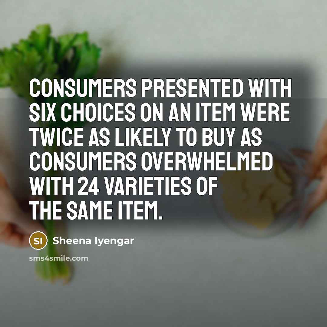 “Consumers presented with six choices on an item were twice…” quote by Sheena Iyengar