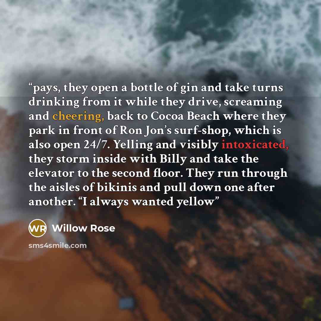 “pays, they open a bottle of gin and take turns drinking from it while they drive, screaming and cheering, back to Cocoa Beach where they park in front of Ron Jon’s surf-shop, which is also open 24/7. Yelling and visibly intoxicated, they storm inside with Billy and take the elevator to the second…” quote by Willow Rose