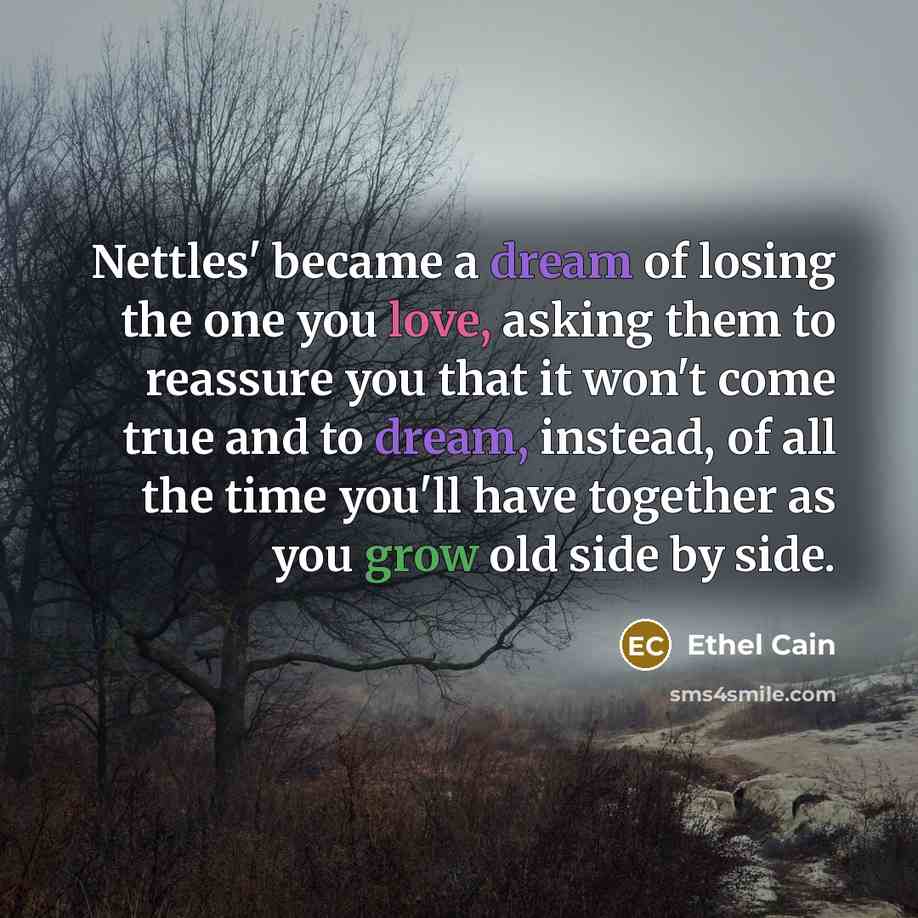 “Nettles' became a dream of losing the one you love, asking them to reassure you that it won't come true and to dream, instead, of all the time you'll have together as you grow old side by side.” quote by Ethel Cain