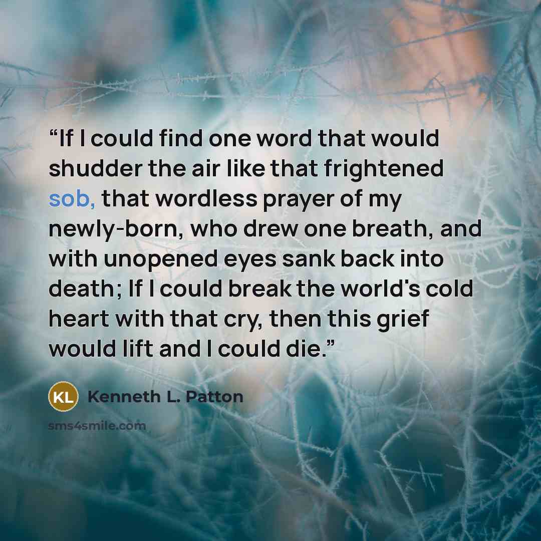 “If I could find one word that would shudder the air like that frightened sob, that wordless prayer of my newly-born, who drew one breath, and with unopened eyes sank back into death; If I could break the world's cold heart with that cry, then this grief would lift and I could die.” quote by Kenneth L. Patton
