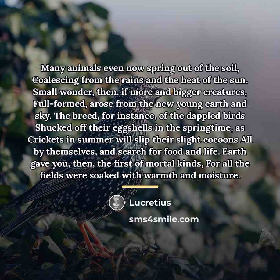 “Many animals even now spring out of the soil, Coalescing…” quote by Lucretius