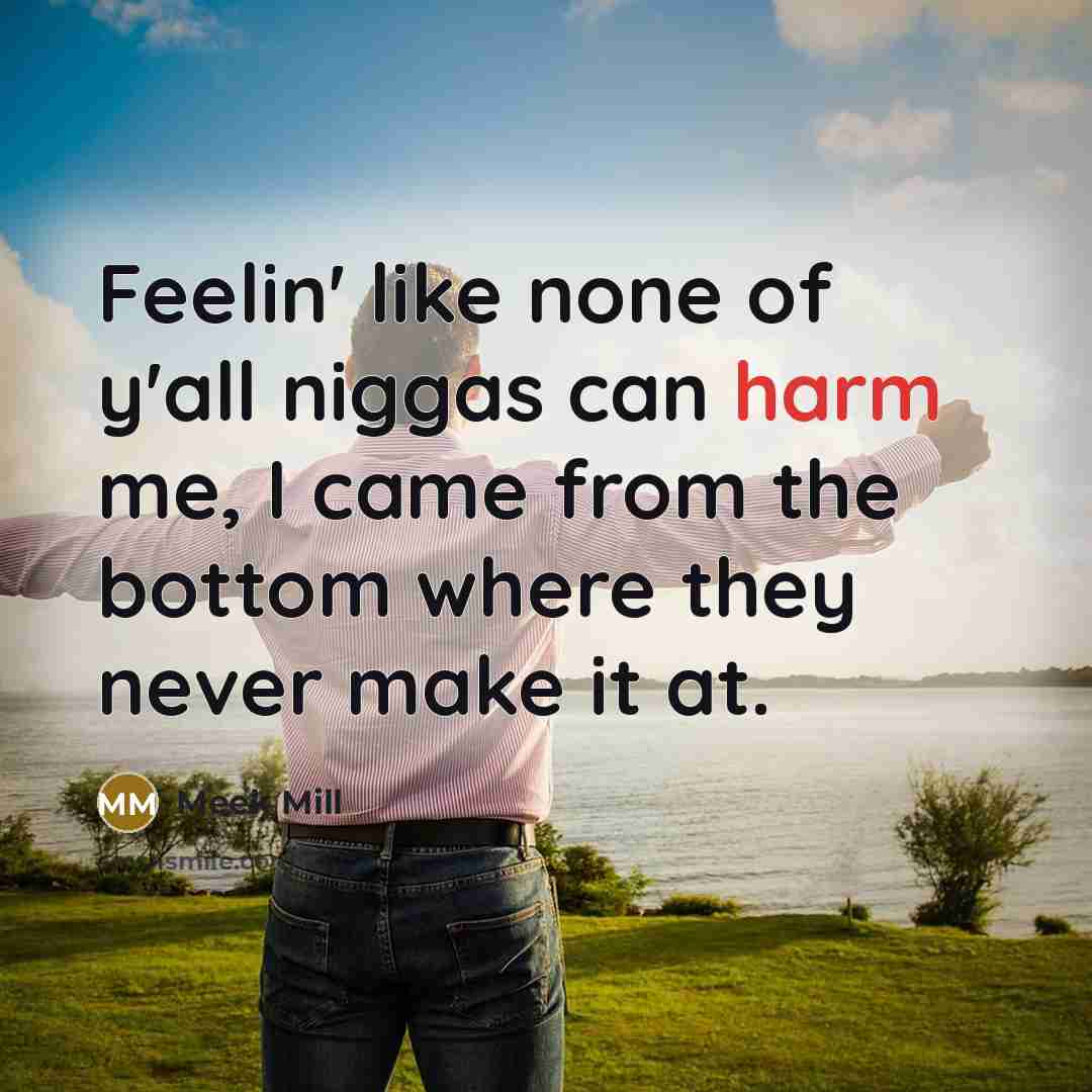 “Feelin' like none of y'all niggas can harm me, I came from the bottom where they never make it at.” quote by Meek Mill