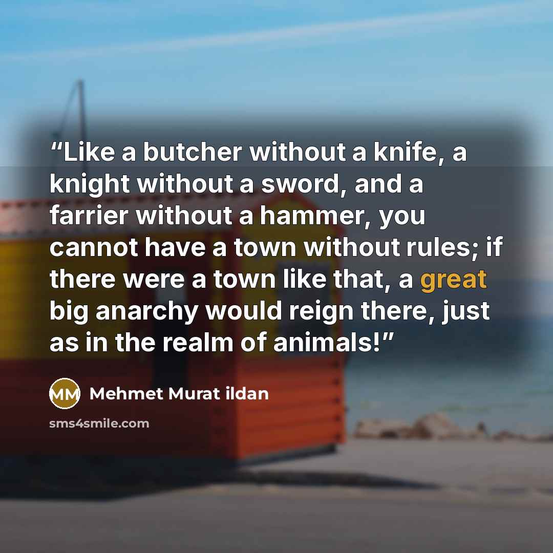 “Like a butcher without a knife, a knight without a sword, and a farrier without a hammer, you cannot have a town without rules; if there were a town like that, a great big anarchy would reign there, just as in the realm of animals!” quote by Mehmet Murat ildan