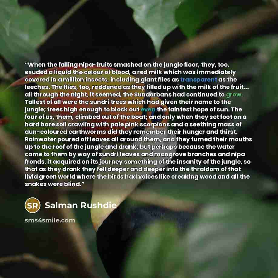 “When the falling nipa-fruits smashed on the jungle floor, they, too, exuded a liquid the colour of blood, a red milk which was immediately covered in a million insects, including giant flies as transparent as the leeches. The flies, too, reddened as they filled up with the milk of the fruit... all…” quote by Salman Rushdie