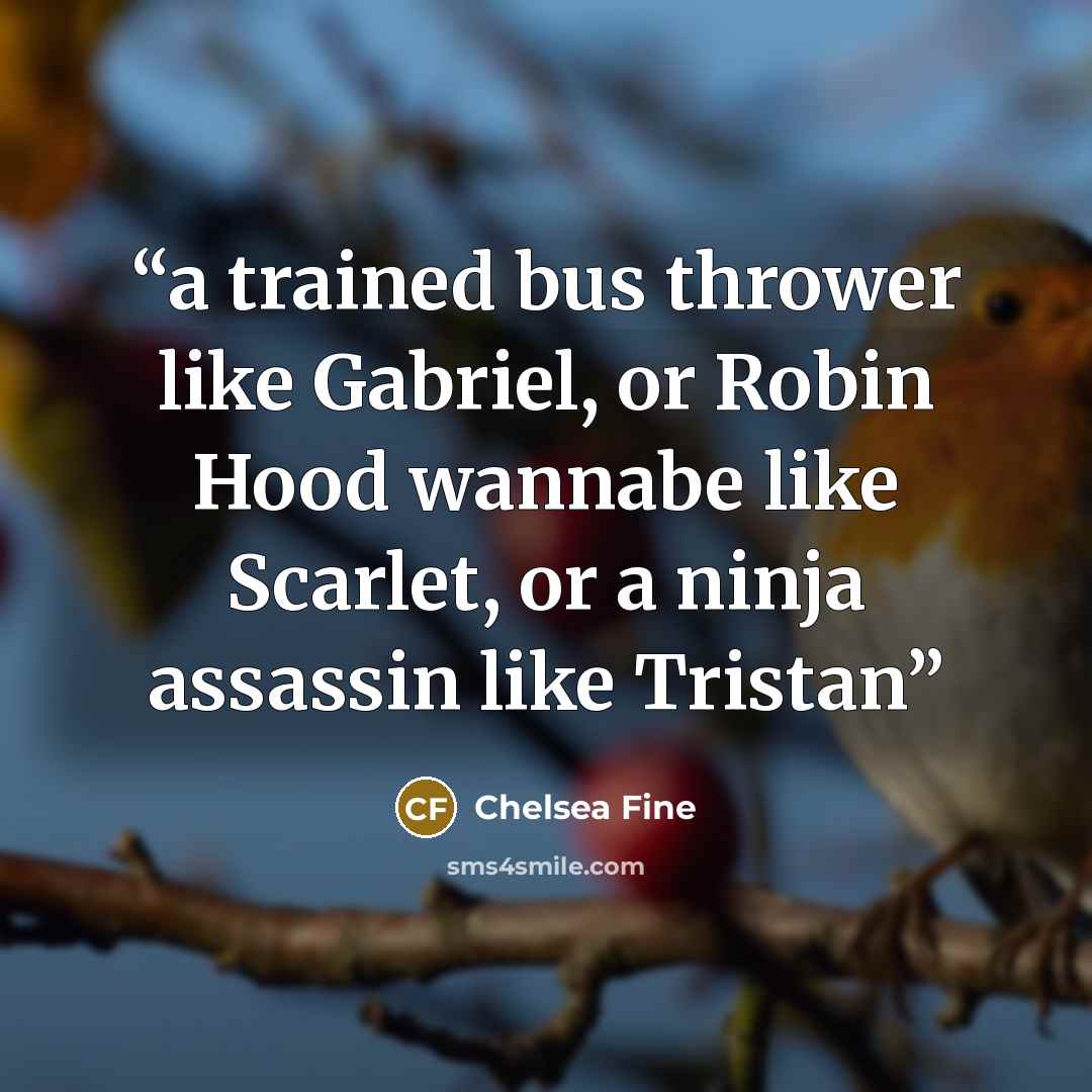 “a trained bus thrower like Gabriel, or Robin Hood wannabe like Scarlet, or a ninja assassin like Tristan” quote by Chelsea Fine