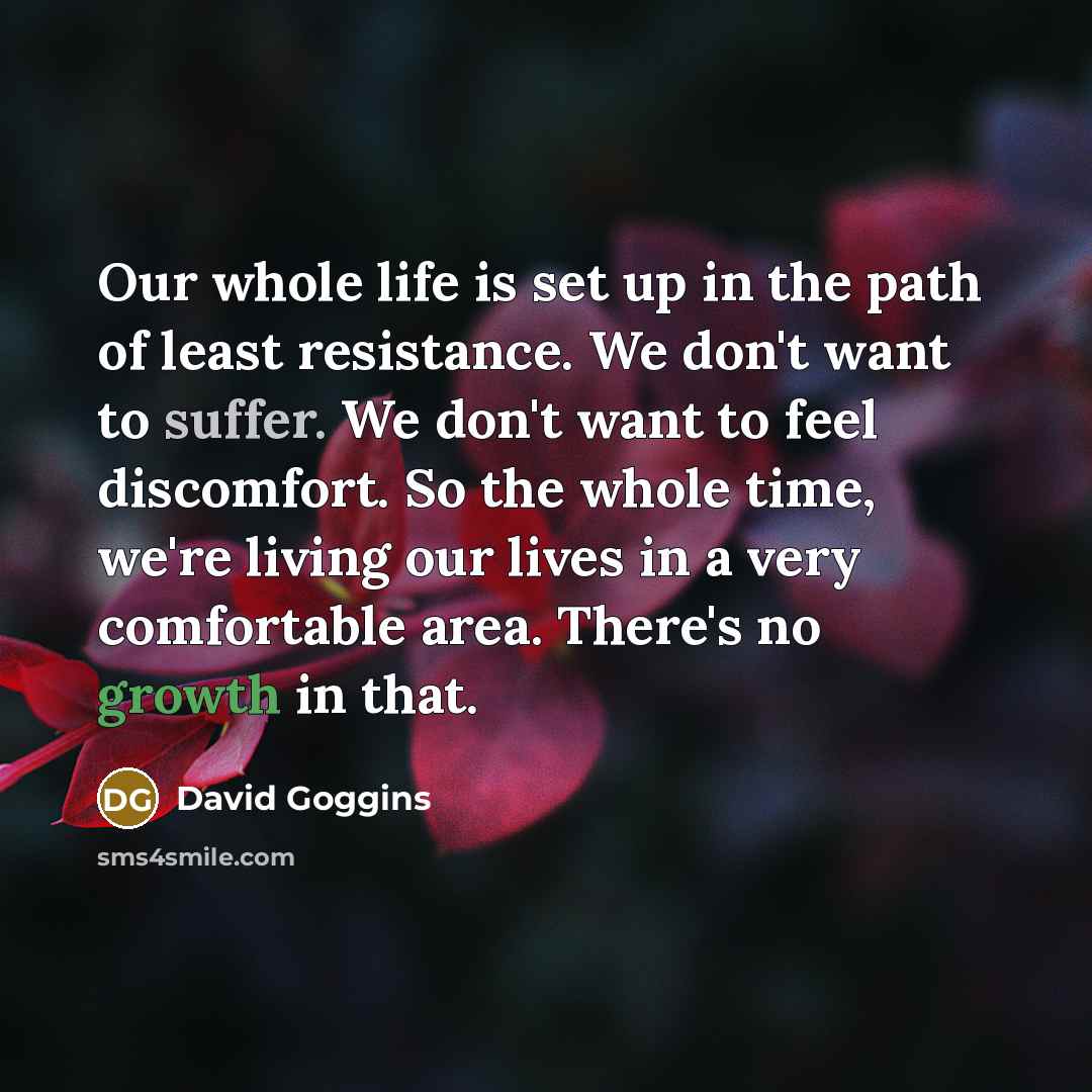 “Our whole life is set up in the path of least resistance. We don't want to suffer. We don't want to feel discomfort. So the whole time, we're living our lives in a very comfortable area. There's no growth in that.” quote by David Goggins