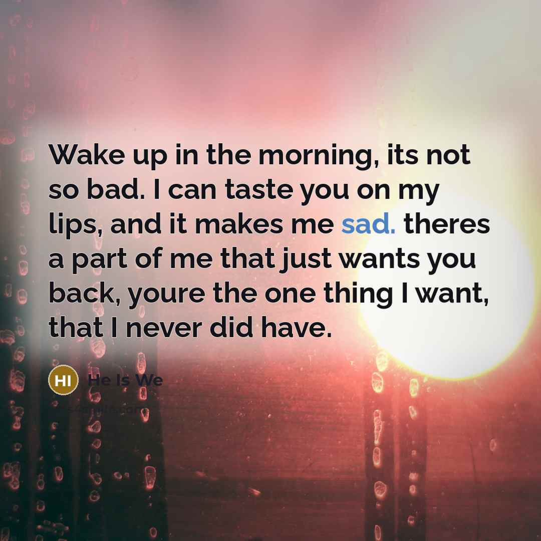 “Wake up in the morning, its not so bad. I can taste you on my lips, and it makes me sad. theres a part of me that just wants you back, youre the one thing I want, that I never did have.” quote by He Is We