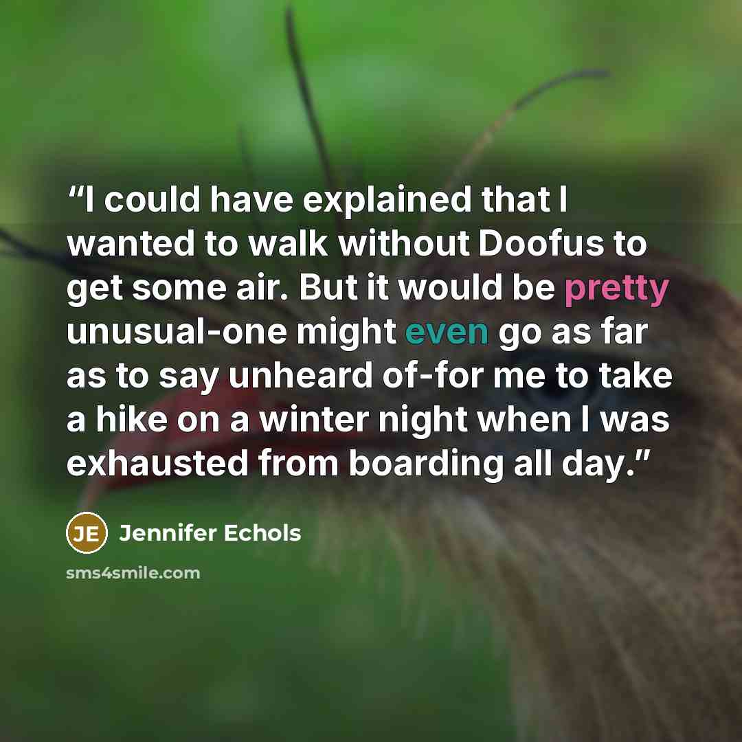 “I could have explained that I wanted to walk without Doofus to get some air. But it would be pretty unusual-one might even go as far as to say unheard of-for me to take a hike on a winter night when I was exhausted from boarding all day.” quote by Jennifer Echols