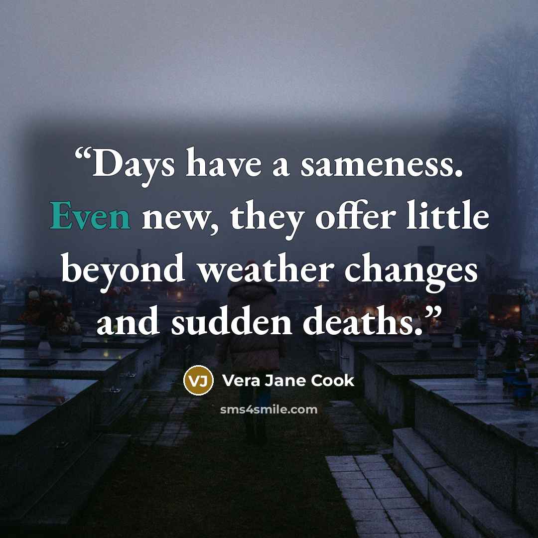 “Days have a sameness. Even new, they offer little beyond weather changes and sudden deaths.” quote by Vera Jane Cook
