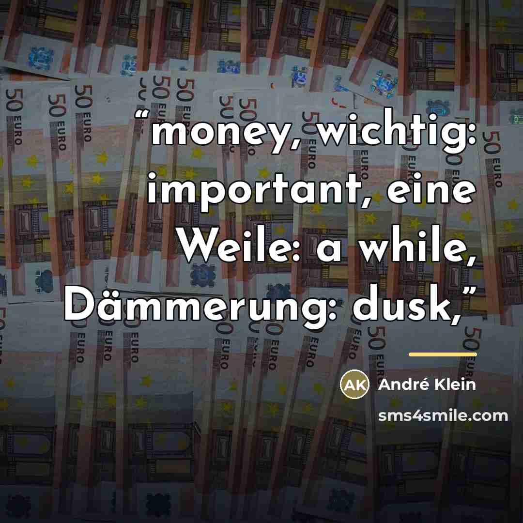 “money, wichtig: important, eine Weile: a while, Dämmerung: dusk,” quote by Anonymous