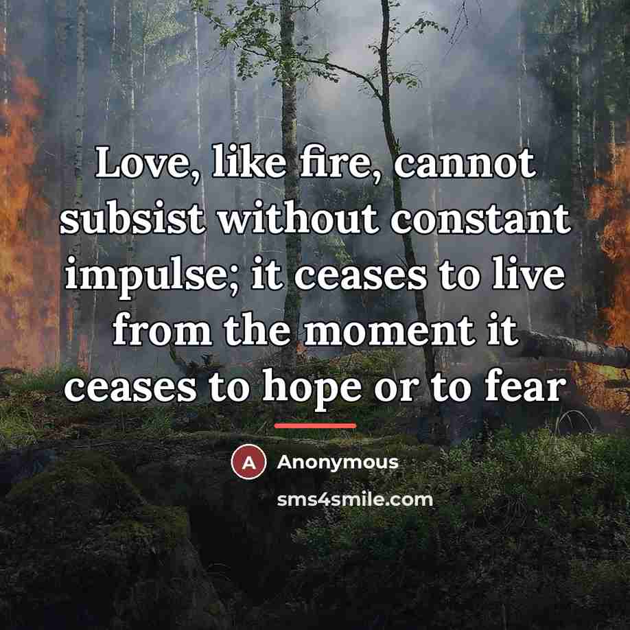 “Love, like fire, cannot subsist without constant impulse; it ceases…” quote by Anonymous