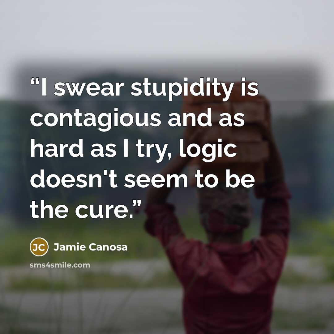 “I swear stupidity is contagious and as hard as I try, logic doesn't seem to be the cure.” quote by Jamie Canosa