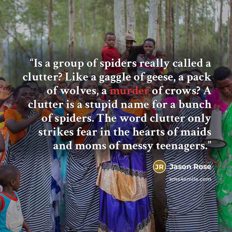 “Is a group of spiders really called a clutter? Like a gaggle of geese, a pack of wolves, a murder of crows? A clutter is a stupid name for a bunch of spiders. The word clutter only strikes fear in the hearts of maids and moms of messy teenagers.” quote by Jason Rose