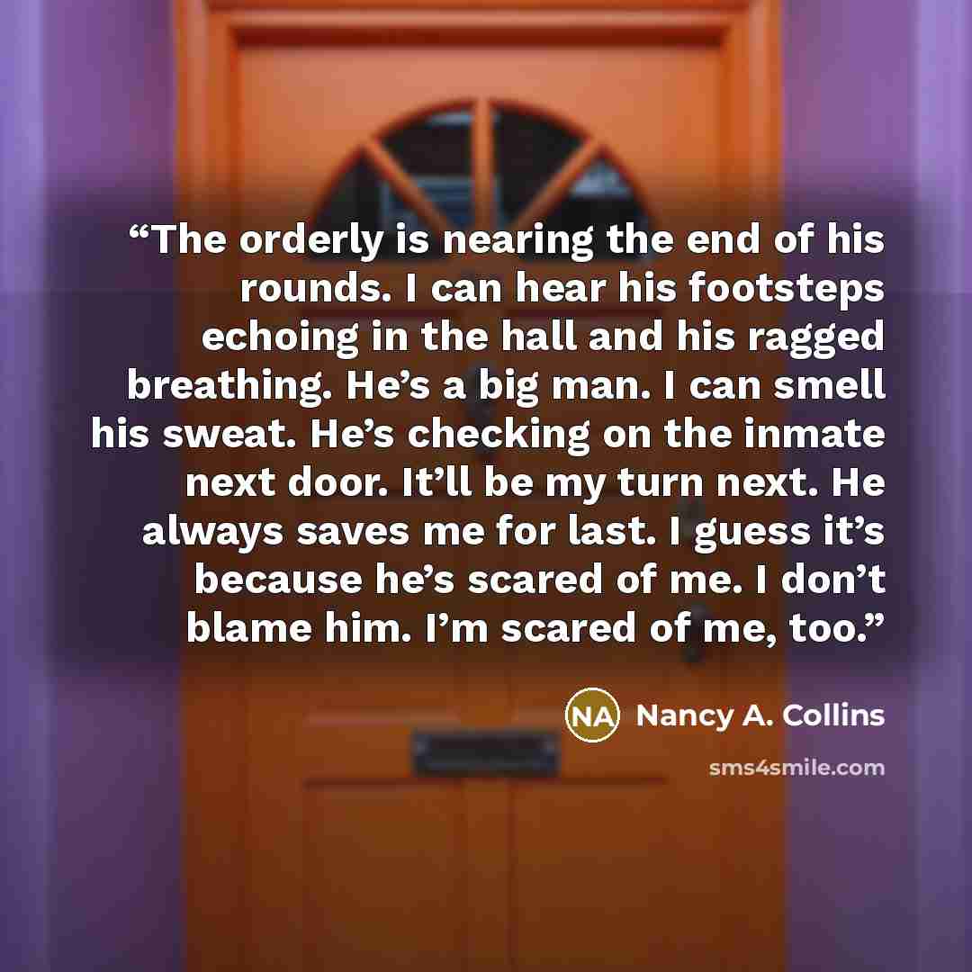 “The orderly is nearing the end of his rounds. I can hear his footsteps echoing in the hall and his ragged breathing. He’s a big man. I can smell his sweat. He’s checking on the inmate next door. It’ll be my turn next. He always saves me for last. I guess it’s because he’s scared of me. I don’t…” quote by Nancy A. Collins