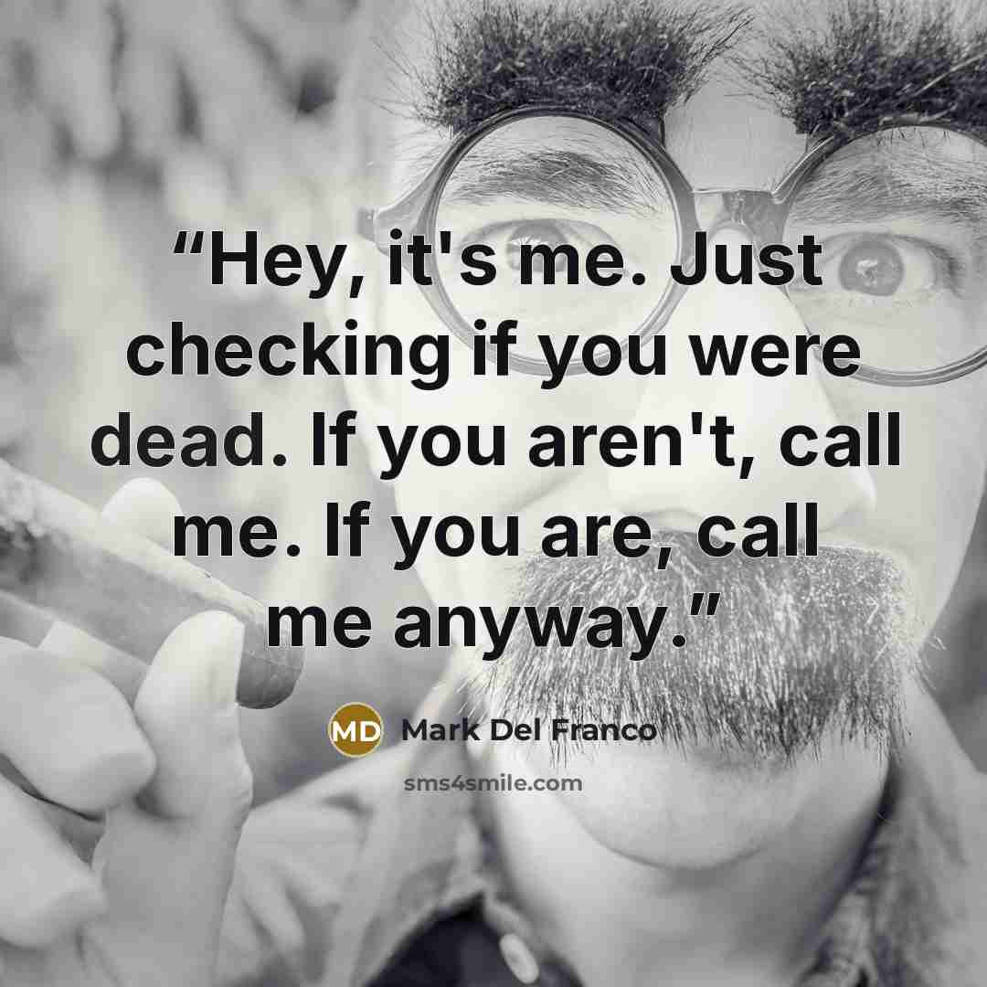 “Hey, it's me. Just checking if you were dead. If you aren't, call me. If you are, call me anyway.” quote by Mark Del Franco