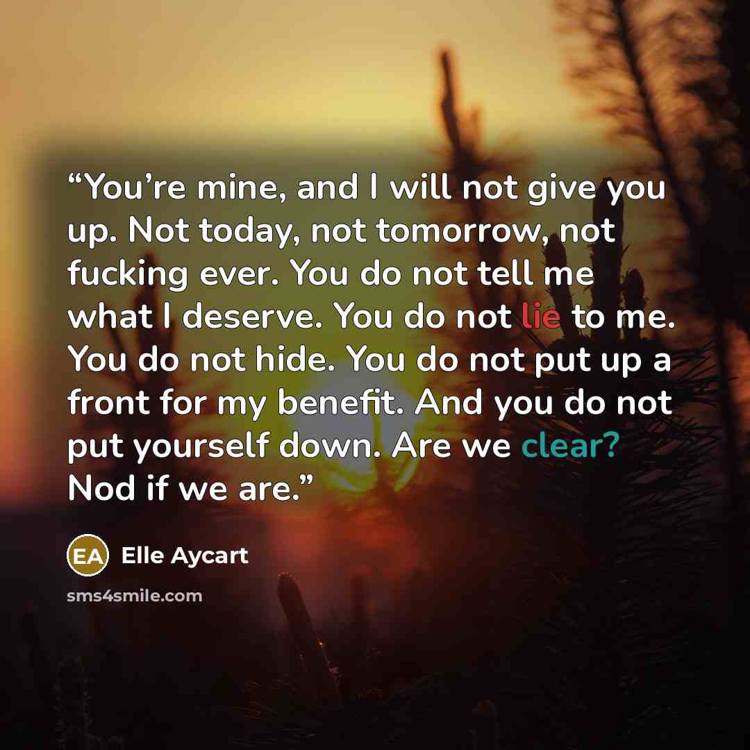 “You’re mine, and I will not give you up. Not today, not tomorrow, not fucking ever. You do not tell me what I deserve. You do not lie to me. You do not hide. You do not put up a front for my benefit. And you do not put yourself down. Are we clear? Nod if we are.” quote by Elle Aycart