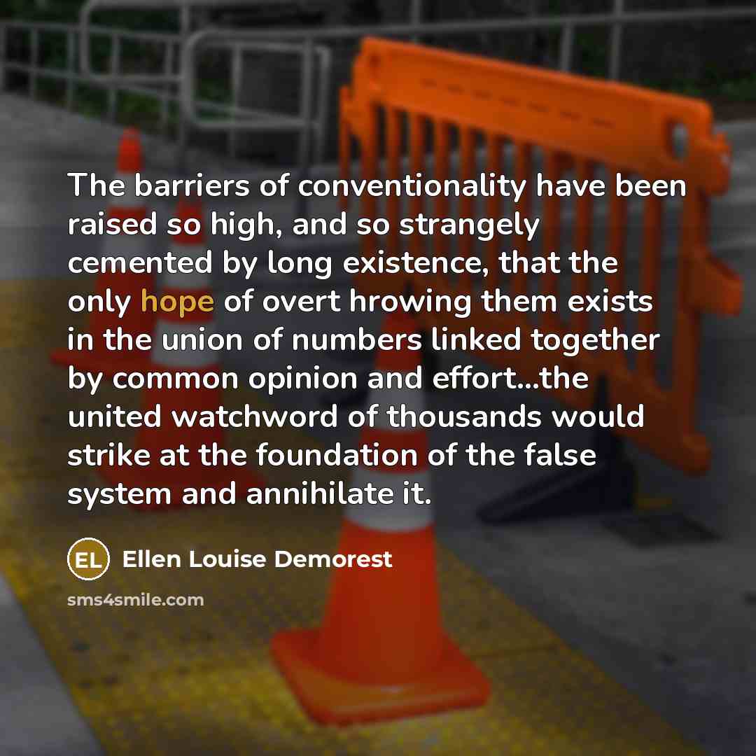 “The barriers of conventionality have been raised so high, and so strangely cemented by long existence, that the only hope of overt hrowing them exists in the union of numbers linked together by common opinion and effort...the united watchword of thousands would strike at the foundation of the…” quote by Ellen Louise Demorest