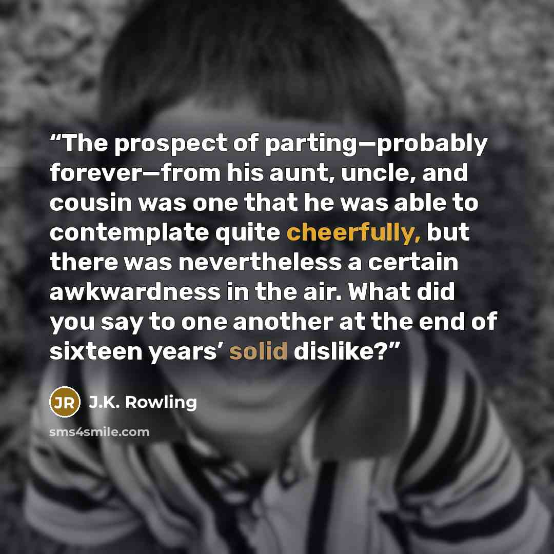 “The prospect of parting—probably forever—from his aunt, uncle, and cousin was one that he was able to contemplate quite cheerfully, but there was nevertheless a certain awkwardness in the air. What did you say to one another at the end of sixteen years’ solid dislike?” quote by J.K. Rowling