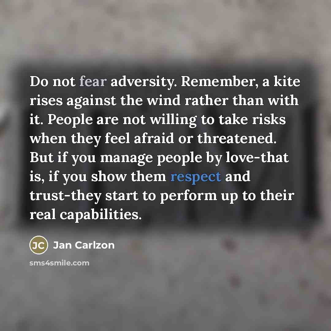 “Do not fear adversity. Remember, a kite rises against the…” quote by Jan Carlzon